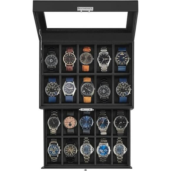20 Slot Watch Box 2 Layer Glass Top Lockable Display Case Jewelry Organizer - Picture 8 of 8